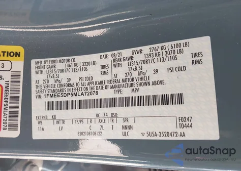 2021 Ford Bronco Big Bend z USA, uszkodzony, nr VIN 1FMEE5DP5MLA72078